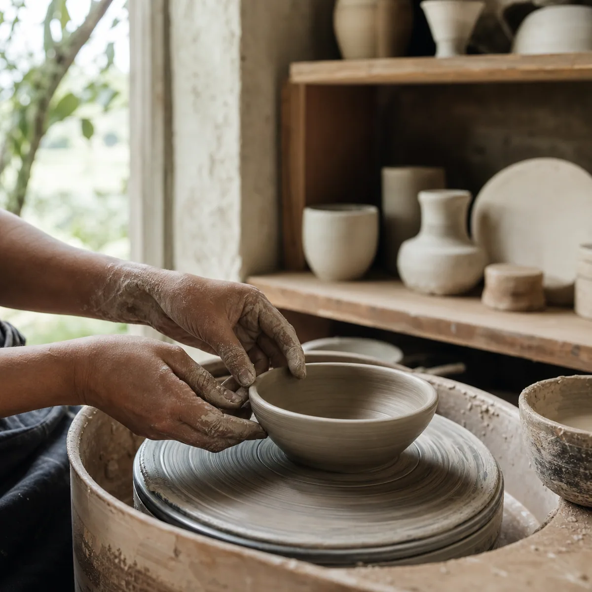 Hands shaping a ceramic bowl in an Ubud studio