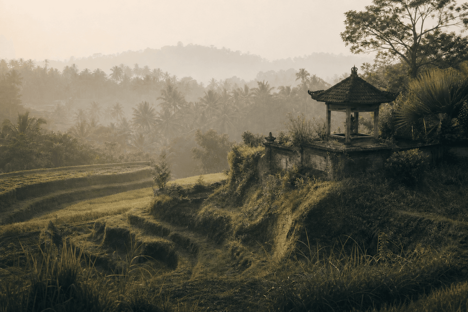 Morning light over rice terraces and a quiet pavilion in Bali